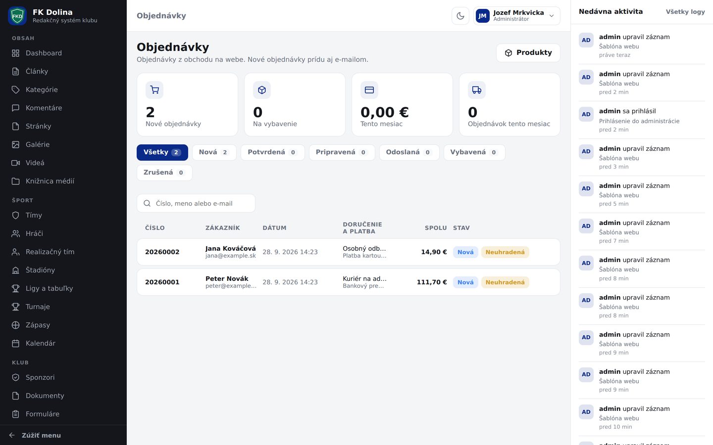 Prehľad objednávok fanshopu v administrácii