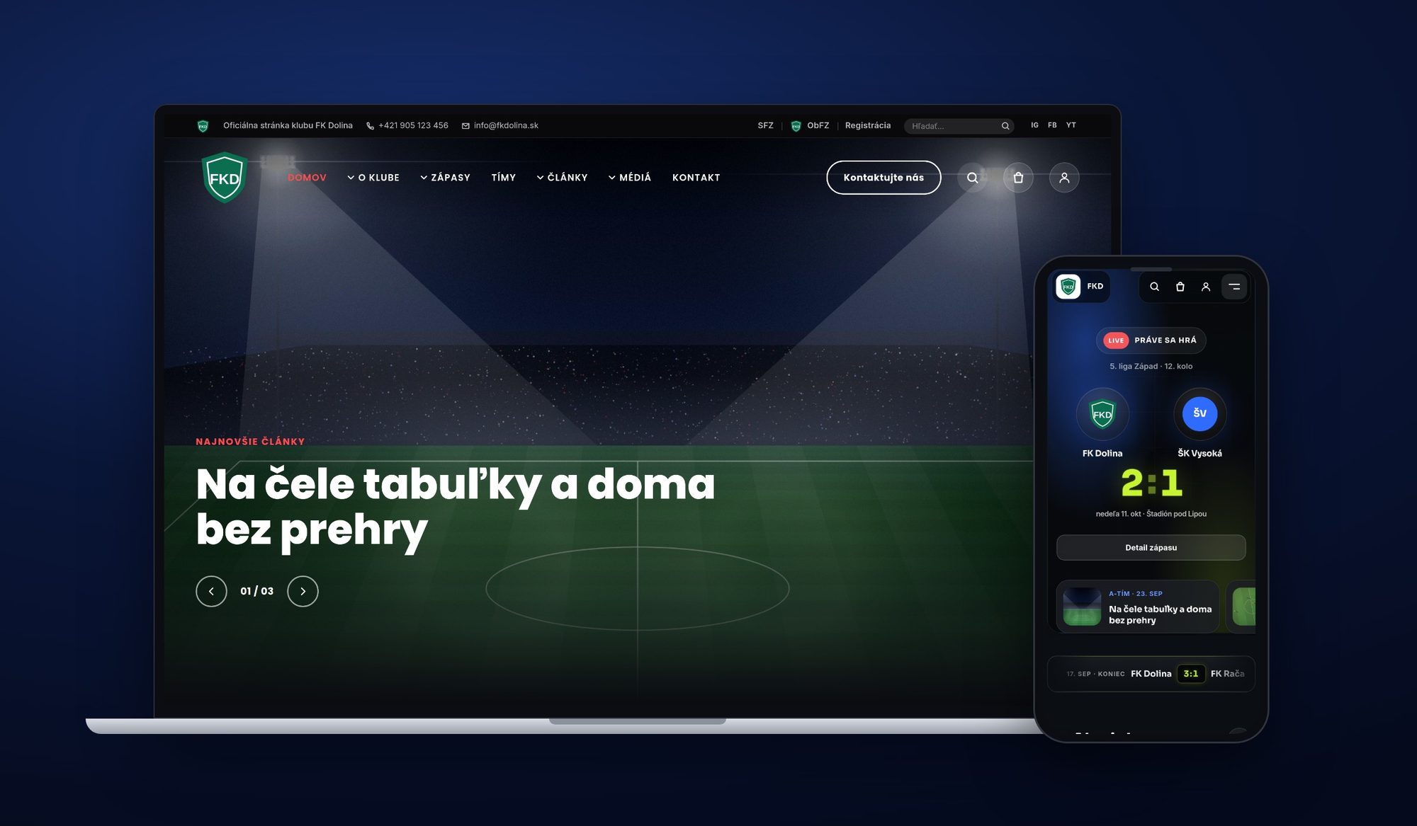 Web klubu v šablóne Klubová na notebooku a v šablóne Pulz na mobile